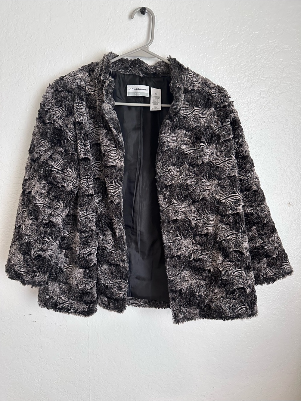 Alfred Dunner Black and Gray Faux Fur Textured Open Jacket